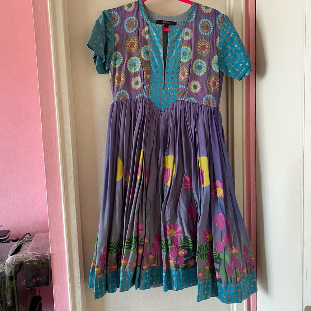 Fish Fry Anthropologie Blue and Purple Floral Midi Dress with Waist Tie in Back - Picture 2 of 6